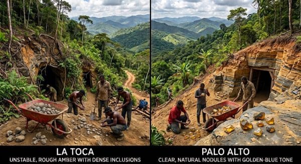 Split-screen view of Dominican amber mines comparing La Toca's rough gray-brown amber with Palo Alto's clear golden nodules.