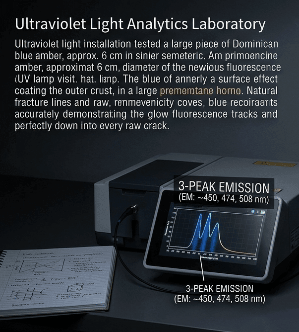 Data of a specimen of raw Dominican blue amber fluorescing a bright neon blue under a UV lamp inside a spectroscopy laboratory testing chamber