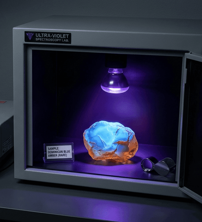 A specimen of raw Dominican blue amber fluorescing a bright neon blue under a UV lamp inside a spectroscopy laboratory testing chamber."