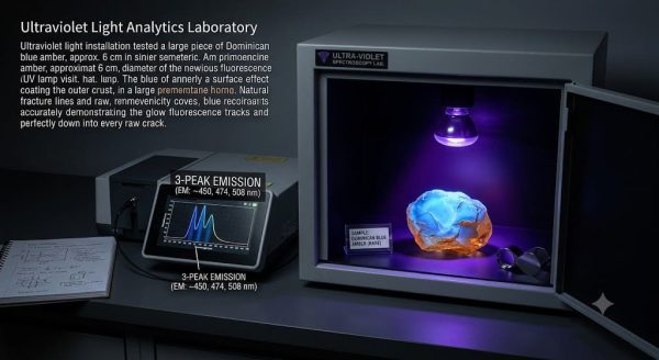 A specimen of raw Dominican blue amber fluorescing a bright neon blue under a UV lamp inside a spectroscopy laboratory testing chamber.