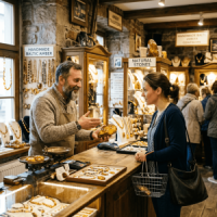 Shopkeeper showing amber stone to a customer at jewelry store counter